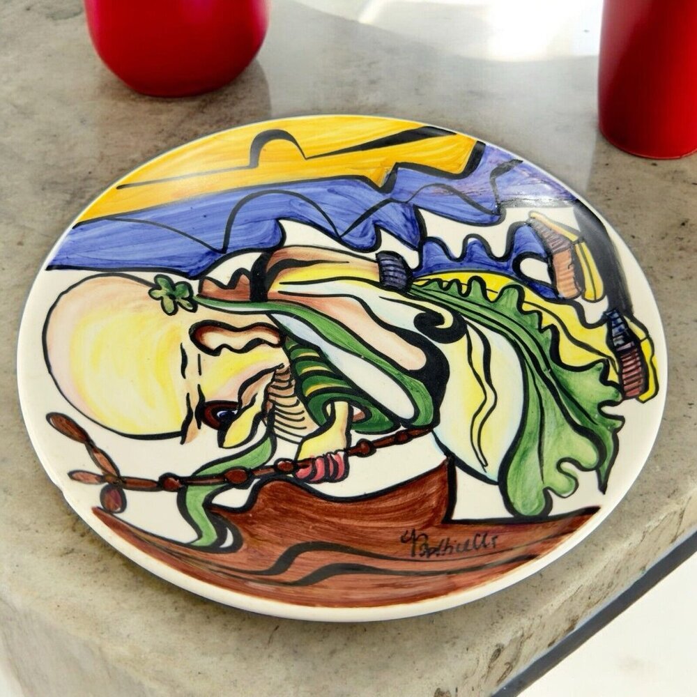 Vintage Italian Folk Art Plate Dish Hand Painted Ceramic Artist Signed Italy VTG